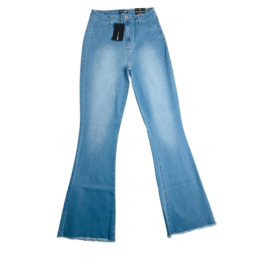 Fashion Nova Flare Jeans Womens 11 Light Wash High Rise Raw Hem Stretch Denim